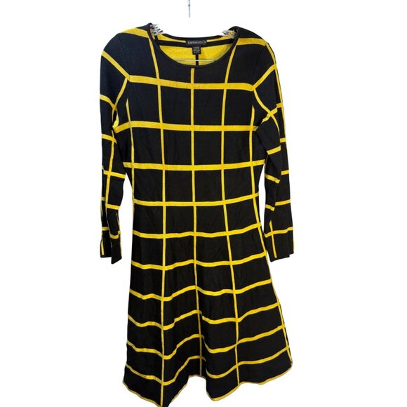 Esperanza Black & Yellow Windowpane Long Sleeve A-Line Dress Womens Medium Rayon - Picture 4 of 6